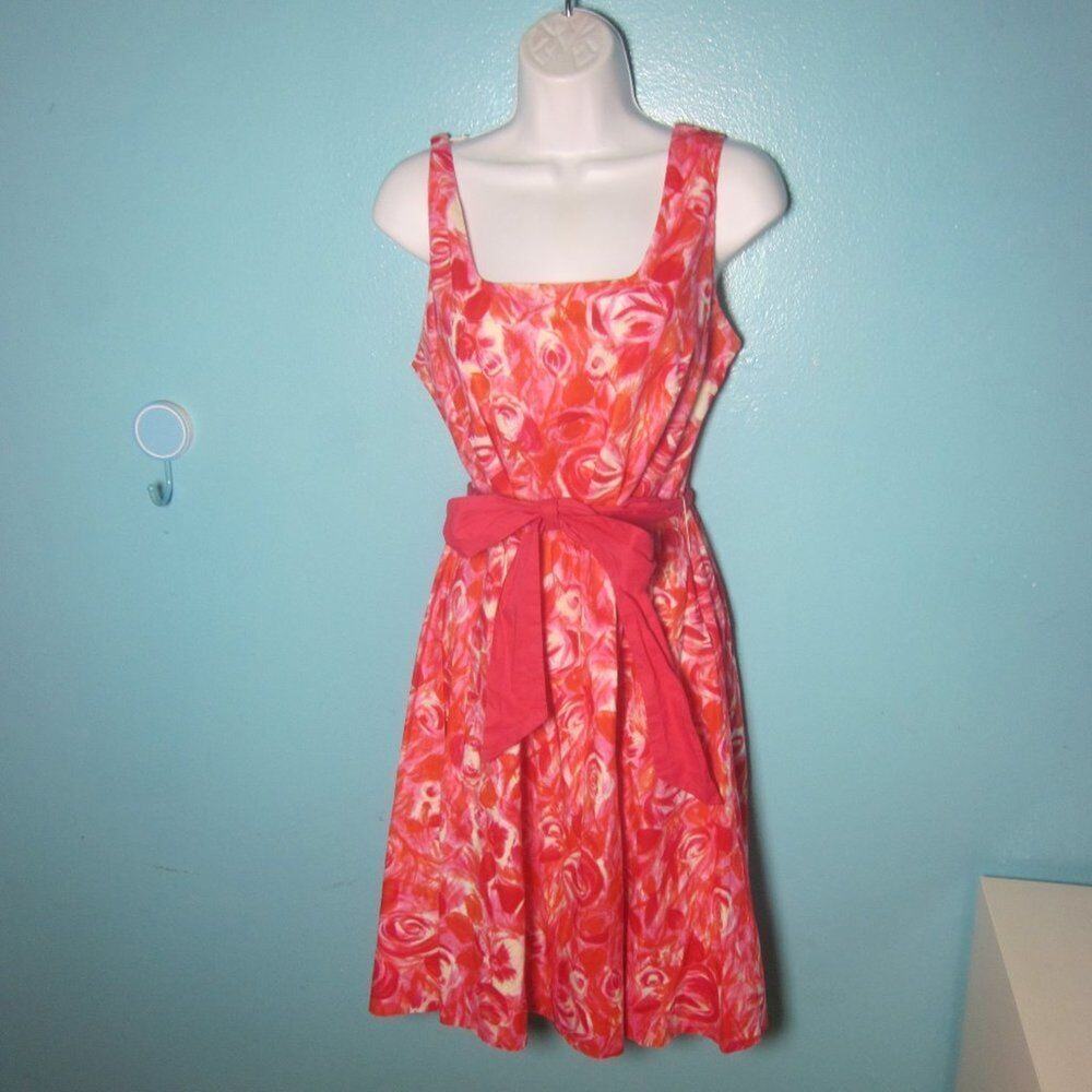 Garnet Hill Pink Summer Cotton Tank Dress Womens Sz 12 Midi Bright Coral Floral
